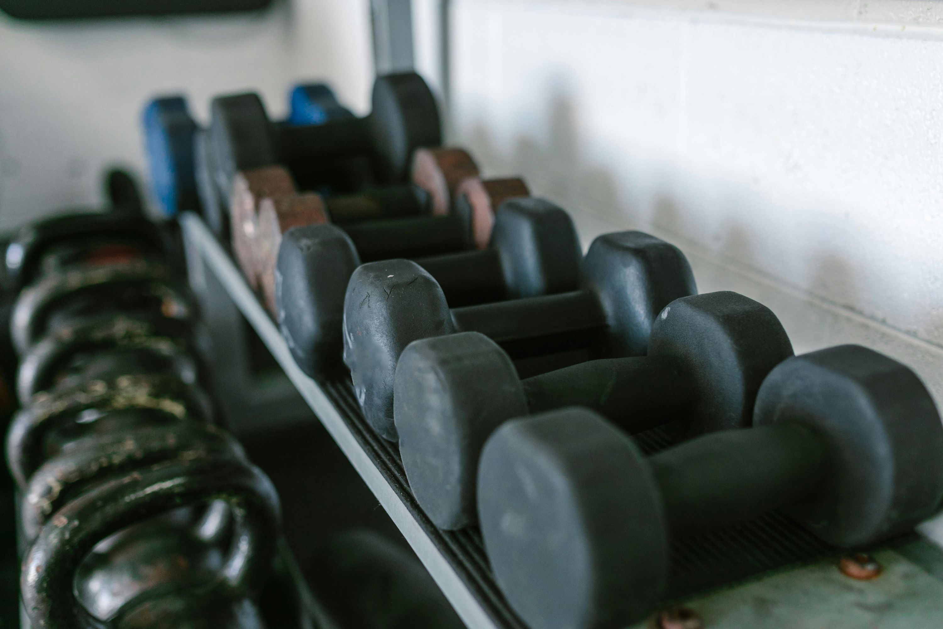 Rack of dumbbells and weights for resistance training